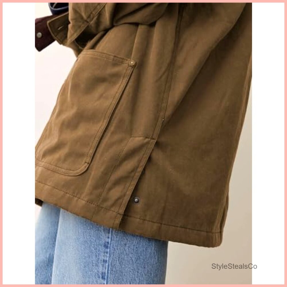 Oversized Cotton Barn Jacket with Corduroy Collar and Pockets - Picture 3 of 7
